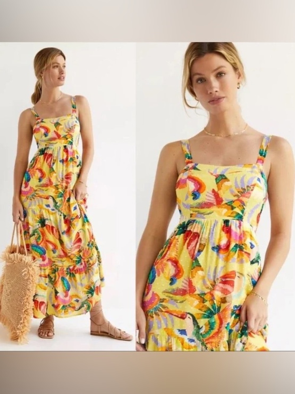 Farm Rio Toucan Yellow Swiss Dot Textured Tropical Tiered Maxi Dress Size Small - Picture 11 of 11